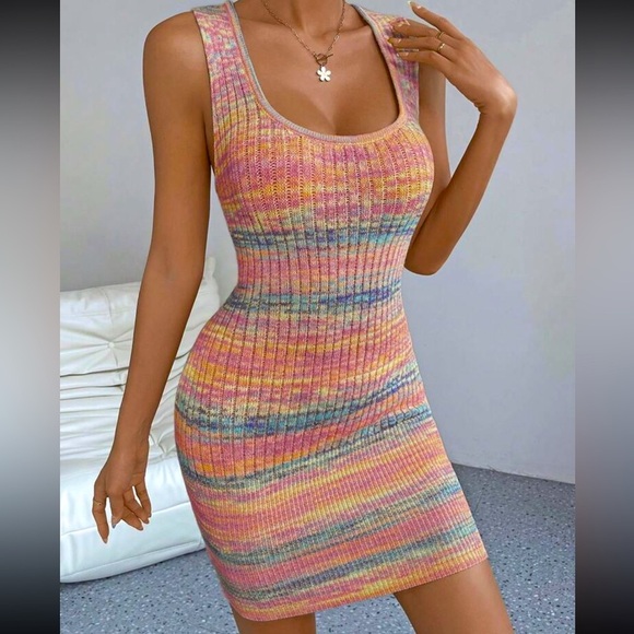 Pink Blue Yellow Orange Small Space Dye Sleeveless Tank Bodycon Sweater Dress - Picture 1 of 6